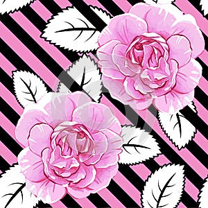 Seamless roses on stripes backgorund. Abstract leaves. Vector pattern.