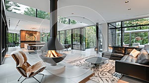 This seamless rotating fireplace is a statement piece in this contemporary home providing heat and style to the