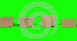 Seamless row of brown cardboard boxes with lids opening on green screen background