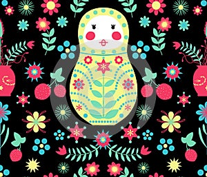 Seamless Russian Doll floral black pattern