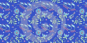 Seamless rustic pattern floral art, Gouache illustration of herbal flowers decor. photo