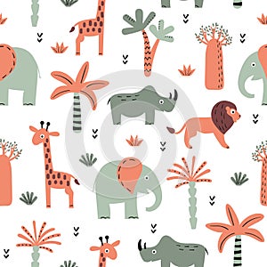 Seamless safari pattern with cute animals - elephant, rhino, giraffe and lion. Vector Africa illustration