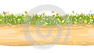 Seamless sand road. Horizontal border composition. Summer meadow landscape. Juicy grass. Rural rustic scenery. Cartoon