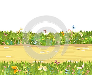 Seamless sand road. Horizontal border composition. Summer meadow landscape. Juicy grass. Rural rustic scenery. Cartoon