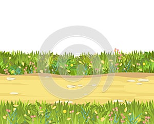 Seamless sand road. Horizontal border composition. Summer meadow landscape. Juicy grass. Rural rustic scenery. Cartoon