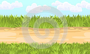 Seamless sandy road. Horizontal border composition. Summer meadow landscape. Juicy grass. Rural rustic scenery. Cartoon