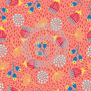 Seamless scandinavian flowers vector background. 1960s, 1970s retro floral design. Red, yellow, and blue vintage doodle flowers on