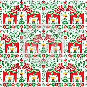 Seamless Scandinavian folk art pattern, Swedish Dala or Daleclarian horse floral design