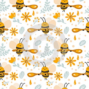 Seamless scandinavian kid pattern of cute bee with honey spoon, flower and hexagon in flat vector baby style