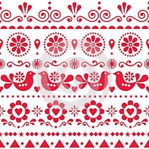 Seamless Scandinavian olk art vector pattern, cute repetitive design with birds and flowers