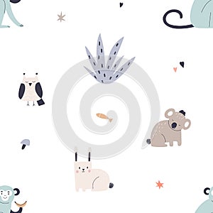 Seamless Scandinavian pattern with cute animals. Endless childish background with repeating print. Scandi-styled texture