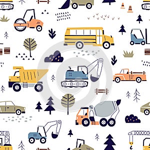 Seamless Scandinavian pattern with cute cars, construction transport, buses, tractors. Childish toy vehicles, repeating
