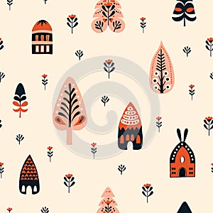 Seamless Scandinavian pattern. Delicate flowers, forest trees, and Cozy village