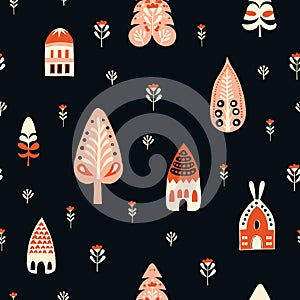 Seamless Scandinavian pattern. Delicate flowers, forest trees, and Cozy village