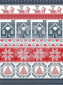 Seamless Scandinavian Textile style, inspired by Norwegian Christmas, festive winter seamless pattern in cross stitch