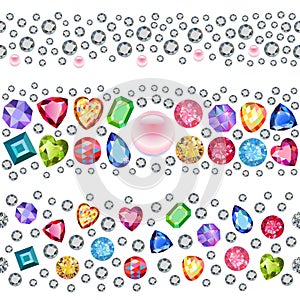 Seamless scattered gems, rhinestones isolated on white backgroun