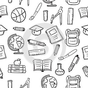 Seamless school doodle pattern with a black and white color