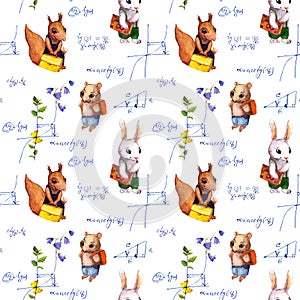 Seamless school pattern with animals, math formula, flowers. Watercolor