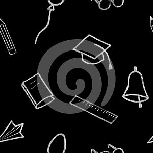 Seamless school pattern on black background. Hand-drawn chalk drawings with school supplies