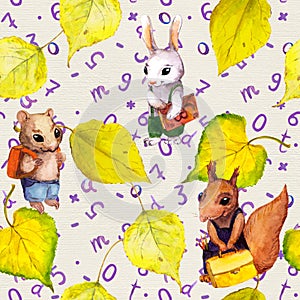 Seamless school pattern - childish animals, autumn leaves, letters. Watercolor