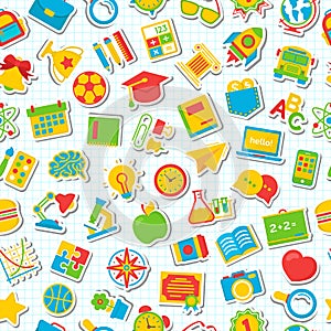 Seamless school pattern with flat color icons school supplies on