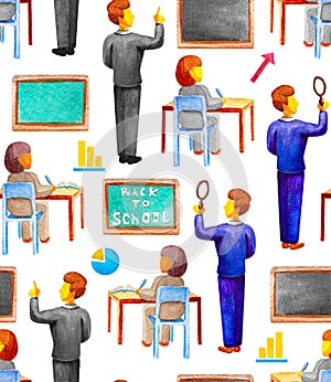 Seamless school pattern with the teacher shows on the blackboard and the student writing at the desk. Watercolor,white background