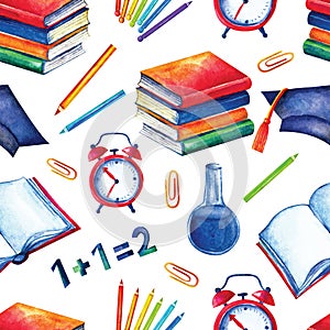 Seamless school pattern in watercolor. Books, textbooks, colored, pencils on a white background. Design for textiles, paper,