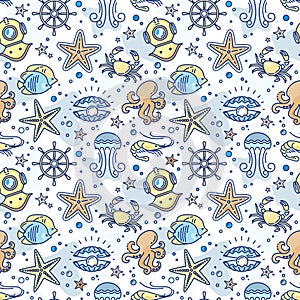 Seamless sea children pattern with the steering wheel, crab, pearl, starfish, shrimp, Aqualung.