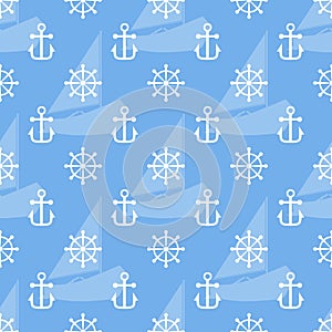 Seamless sea pattern of anchor, handweel and sailboat shape. Vector