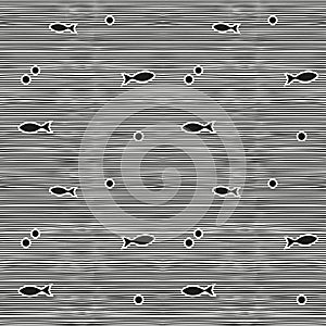 Seamless sea pattern with black and white horisontal lines and fishes