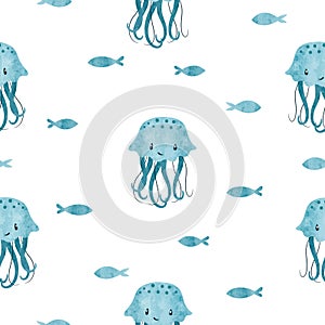 Seamless sea pattern with cute jellyfish. Vector watercolor marine