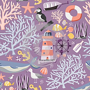 Seamless sea pattern with fishes, anchor, corals, lighthouse, whale, atlantic puffin etc. Ocean background