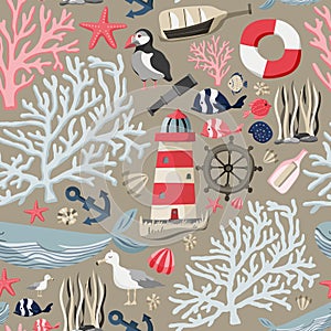 Seamless sea pattern with fishes, anchor, corals, lighthouse, whale, atlantic puffin etc. Ocean background