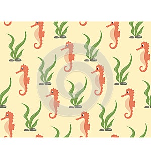 Seamless sea pattern. Orange seahorse and green algae on yellow