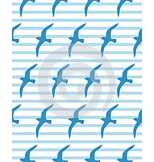 Seamless sea pattern with seagull and cyan waves on white