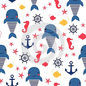 Seamless sea pattern: whale, anchor and seahorse.