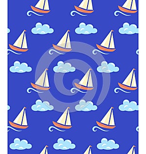 Seamless sea pattern. Yacht on wave and cloud on blue background