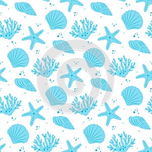 seamless sea star, starfish, seashell, seaweed pattern and background vector illustration