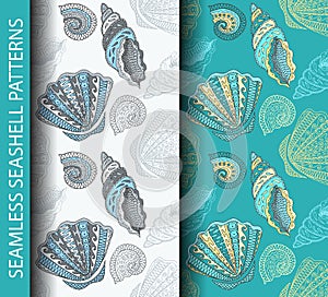 Seamless seashell patterns. Based on hand drawn sketch