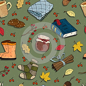 Seamless seasonal autumn vector pattern with theme elements on a neutral background.