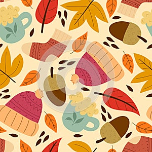 Seamless seasonal autumn vector pattern with theme elements on a neutral background. vector flat style. hand drawing.