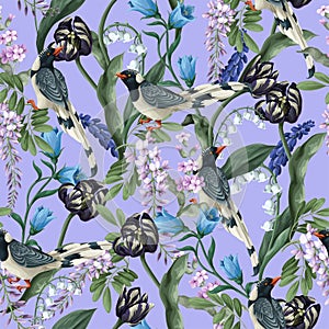 Seamless sensitive pattern with magpies and tulips. Vector.