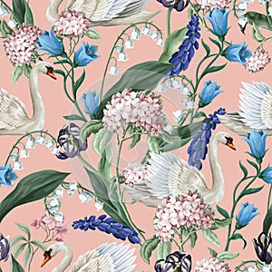 Seamless sensitive pattern with swan and flowers. Vector.