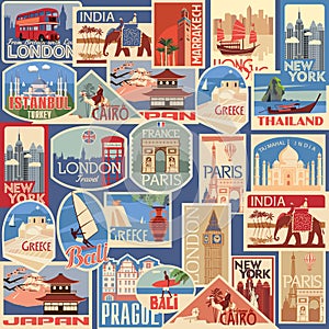 Seamless Set of travel retro labels and cards. Different countries and cities