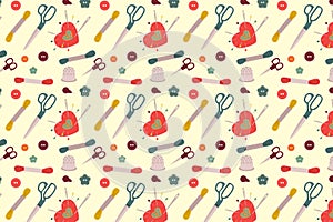Seamless Sewing Pattern with Scissors and Supplies