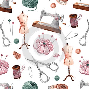 Seamless sewing pattern. Sewing machine, scissors, thread, reel, pins, needles, buttons
