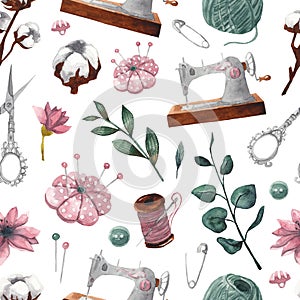 Seamless sewing pattern. Sewing machine, scissors, thread, reel, pins, needles, buttons