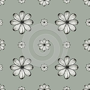 Seamless simple floral pattern of graphic stylize flowers on gray background photo
