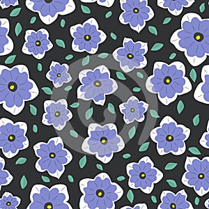 Seamless simple pattern. Minimal style. Lilac flowers and green leaves