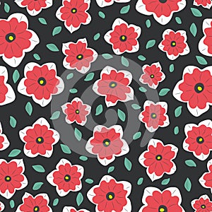 Seamless simple pattern. Minimal style. Red flowers and green leaves